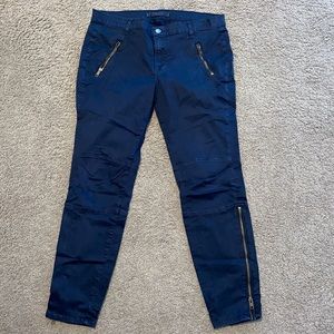 J Brand navy stretch ankle pant with gold zippers